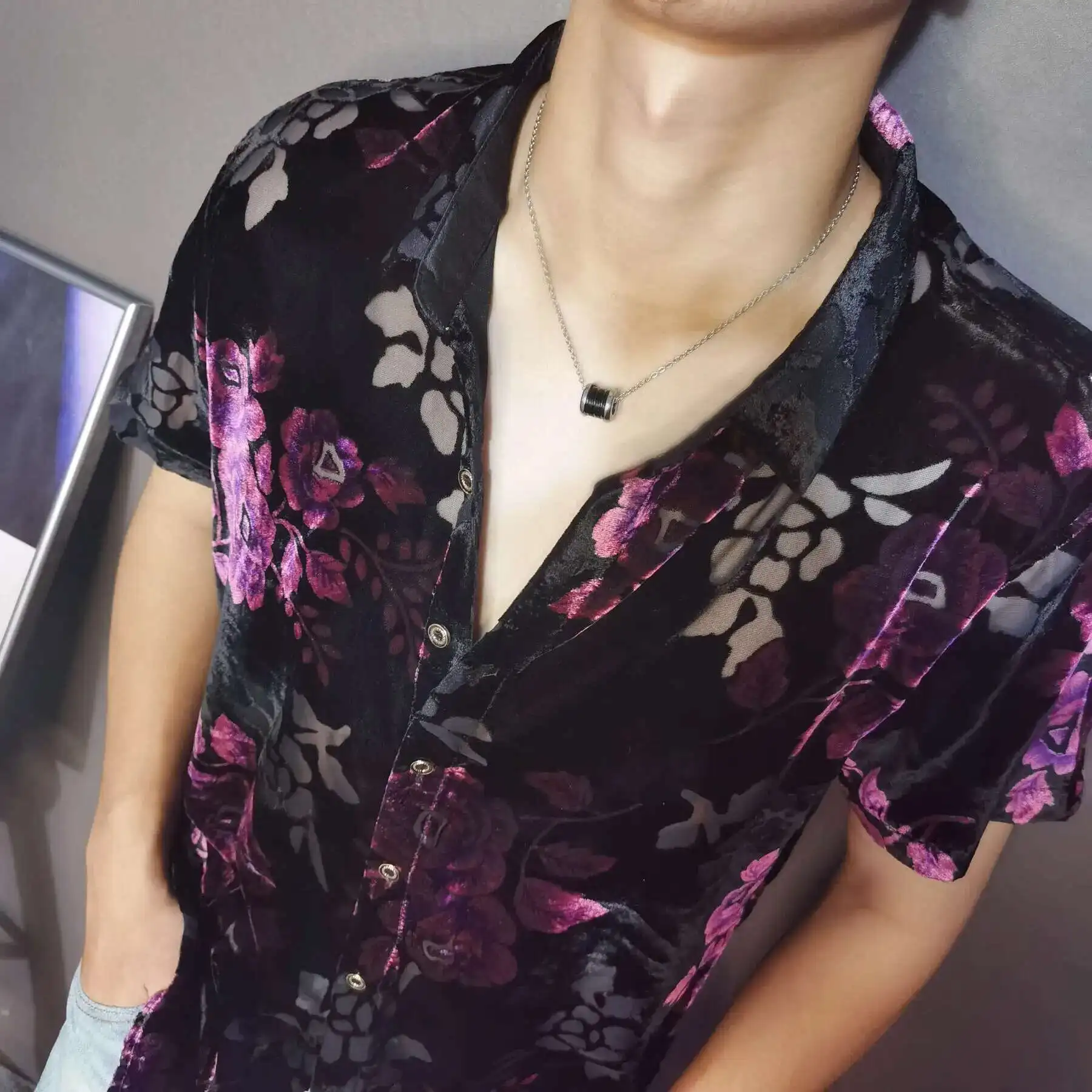 Fashion Transparent Floral Shirt Masculine Velvet Slim-fit Shirt Mens Short-sleeved Clothing See-through Nightclub Purple