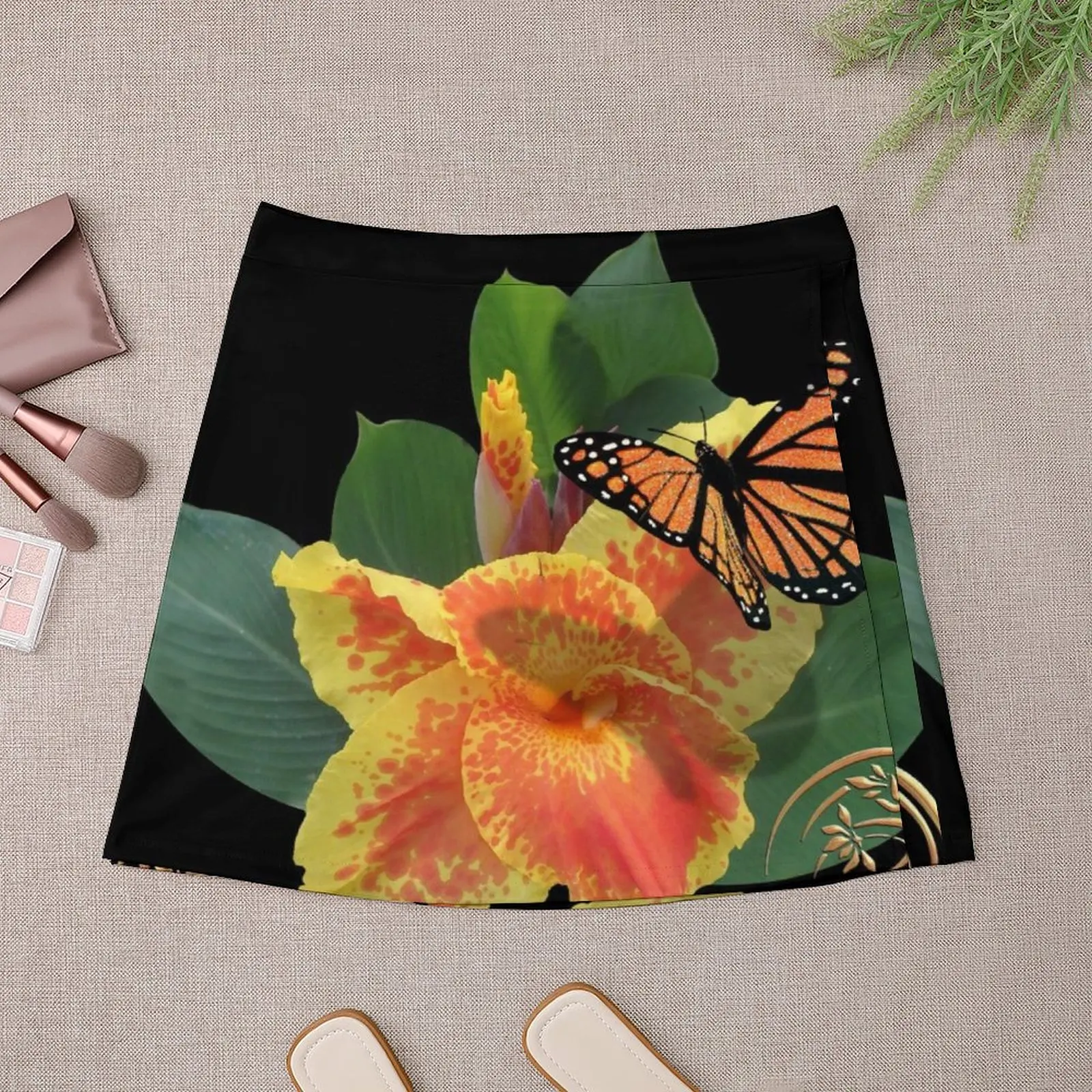 Canna Lily and Monarch Butterfly on black Mini Skirt mini skirts Summer skirt Female clothing