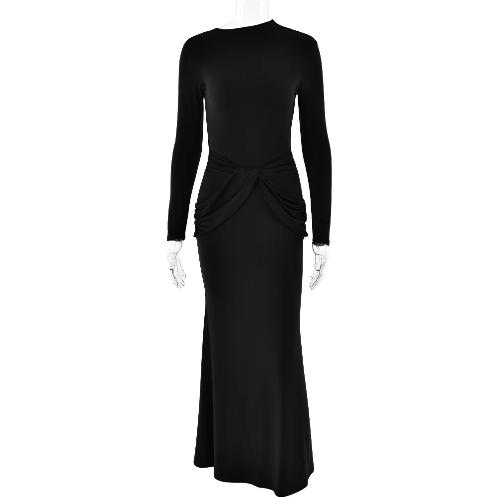 Elegant Long Sleeved Elastic Tight Long Dress Women Bodycon Pleated Evening Dress Slimming Party Club Vestido Fall