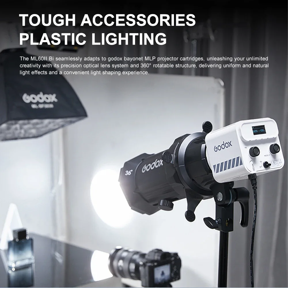 Godox ML60II BI 2800K -6500K LED 비디오 라이트, 무소음 모드, 휴대용 밝기 조정 지지대, 리튬 이온 야외 LED 업그레이드 램프