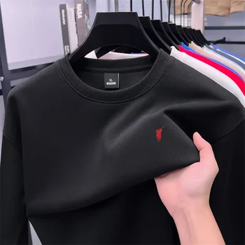 Men's Round Neck Casual Cotton Long Sleeved Sweatshirt Solid Color Versatile Fleece Loose Casual T-shirt 1