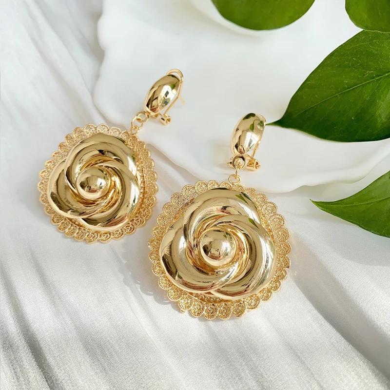 Women Trendy Clip Earrings Rose Flower Shape 18K Gold Plated Dubai Luxury Earrings For Women Wedding Party Anniversary Gift
