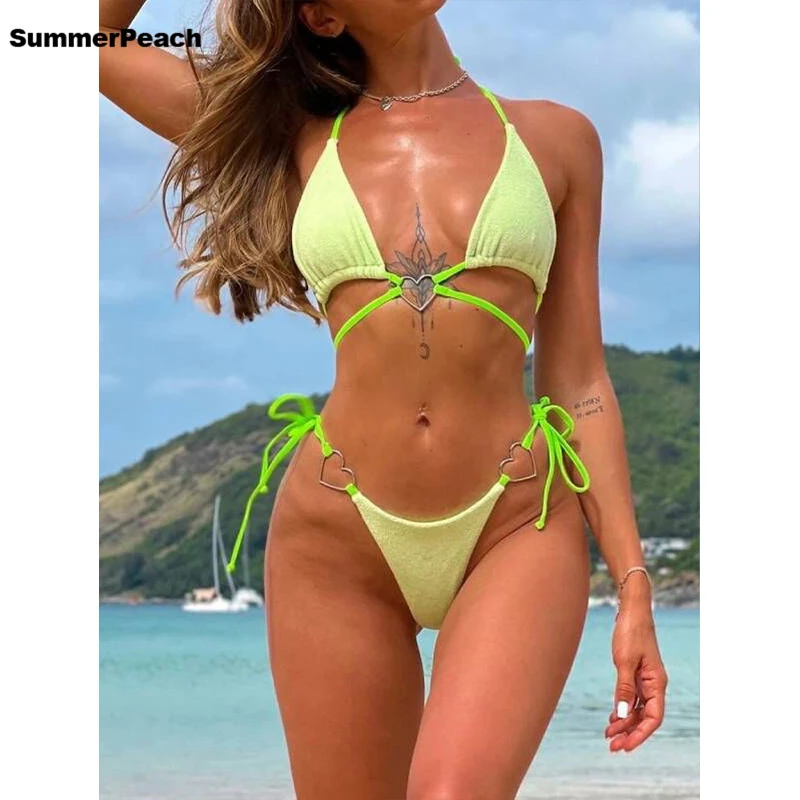 bandeau bikini set Sexy Micro Bikinis 2022 Woman Green Lace Up Swimsuit Two Pieces Low Waist Swimwear Brazilian Halter Biquini Beach Bathing Suit white bikini set