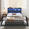 bedstead.Queen Bed Frame with Storage Headboard, Wooden Bed Frame with 47.2Bookcase Headboard4Storage Drawers & Charging Station 2