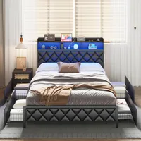 bedstead.Queen Bed Frame with Storage Headboard, Wooden Bed Frame with 47.2Bookcase Headboard4Storage Drawers & Charging Station 2