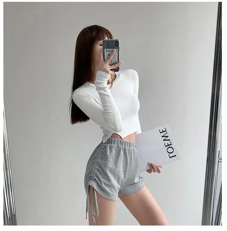Mulheres Shorts Sexy Treino Suor Curto Casual Sólido Cinza Elástico Cintura Shirring Calças Verão Estiramento Chique Feminino Inferior 7 Home & Garden