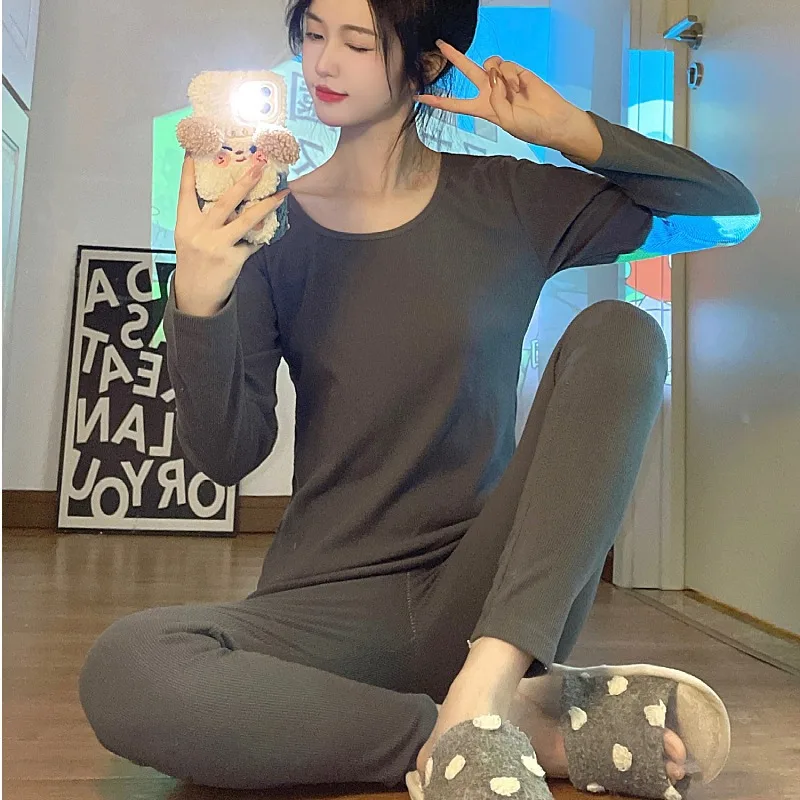 Foply Women Pajamas Set Velvet Thermal Underwear Knitted Cotton Female Homewear Winter Thermo Underwear Warm Suit Underwear Sets