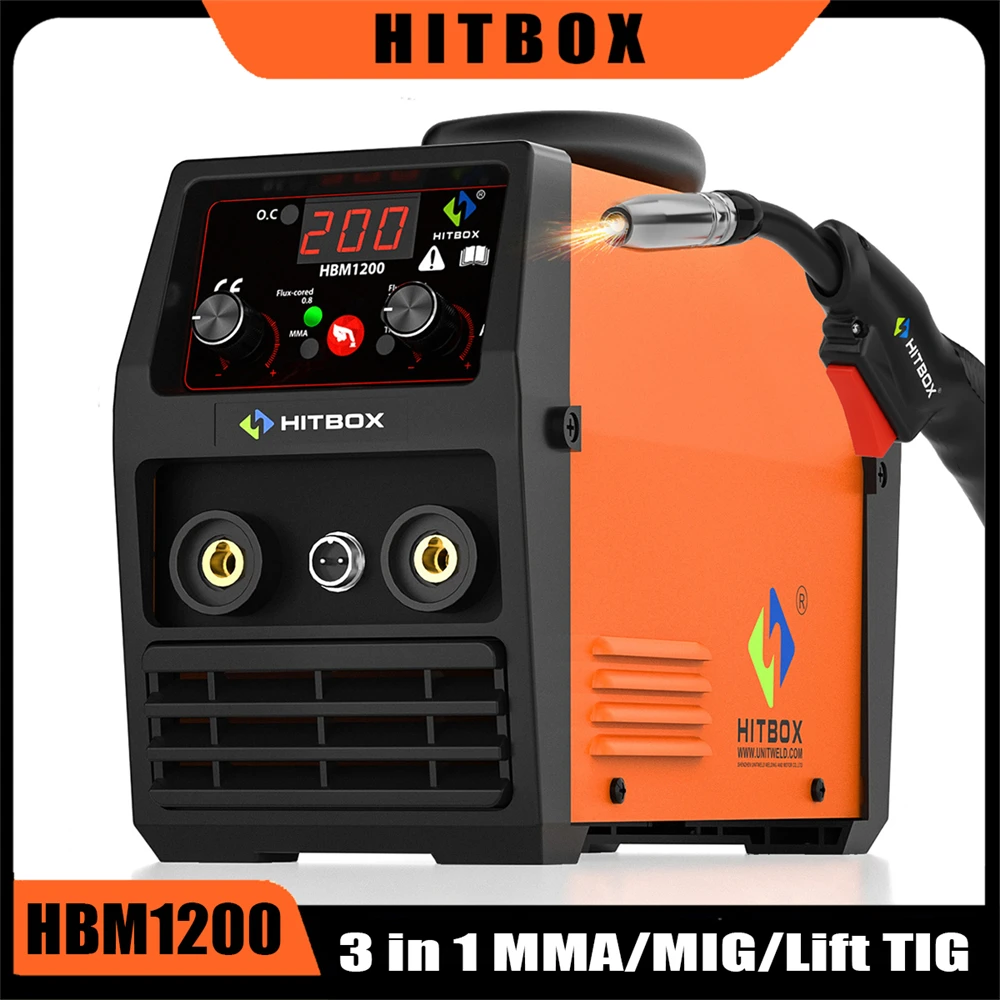 HITBOX MIG Welding Machine 220V 50/60Hz HBM1200 3 in 1 Semi-Automatic Inverter Welder Large Display ARC/MIG/Lift TIG Gasless Soldering Outdoor Home Welder for Carbon Steel Stainless Steel