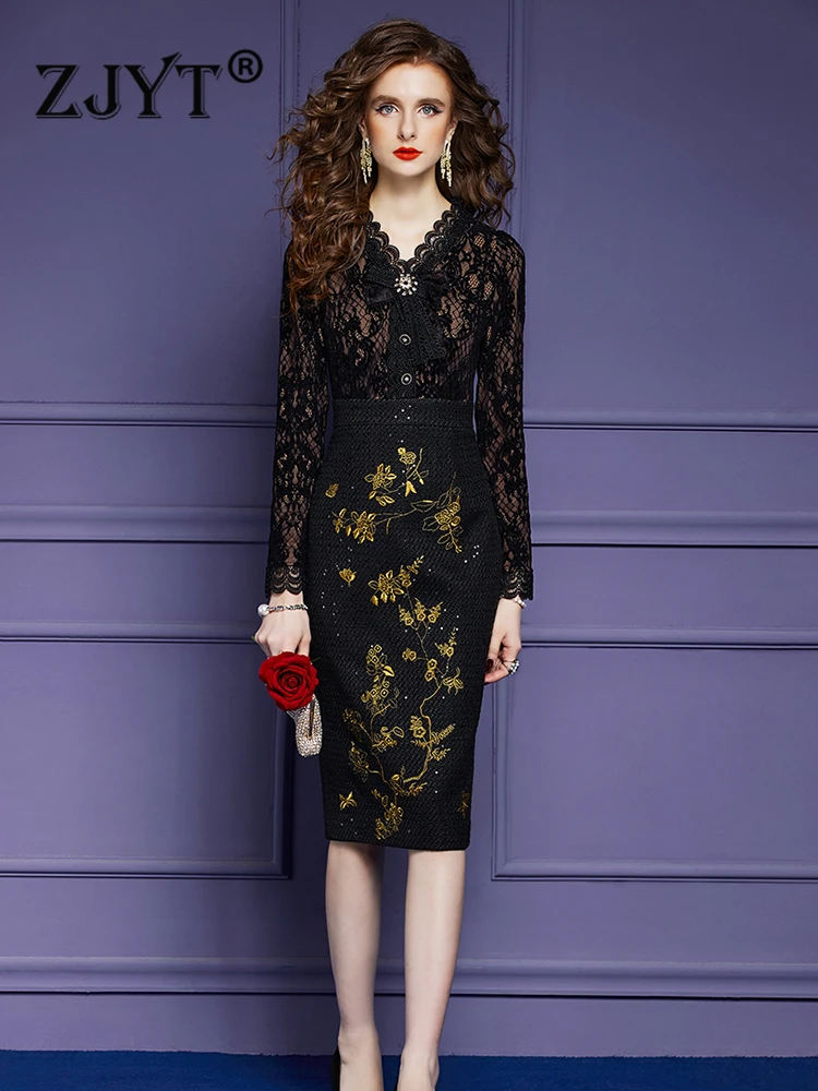 

ZJYT Elegant Black Lace Patchwork Tweed Embroidery Dresses for Women Plus Size Vestidos 2024 Spring Long Sleeve Party Robe Femme