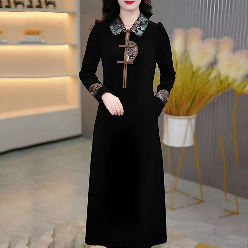 

2024 Spring Autumn New Chinese Retro Women's Dress Noble Gold Velvet Print Dress Big Size Improved Cheongsam dresses Black 5XL