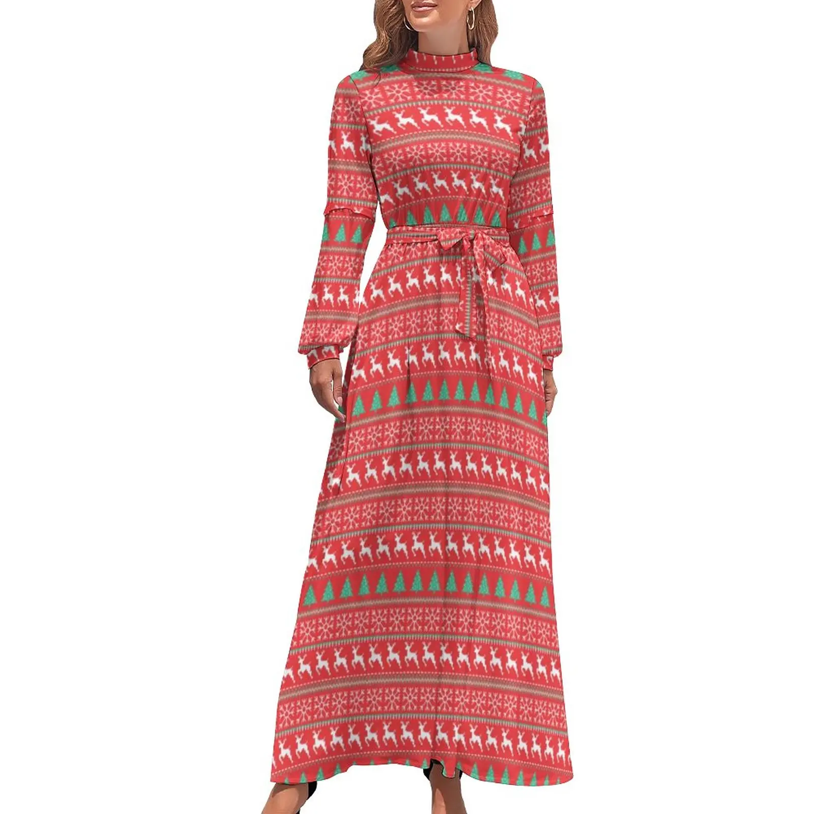 

Nordic Animal Dress Christmas Print Cute Pattern Maxi Dress High Waist Long Sleeve Stylish Boho Beach Long Dresses