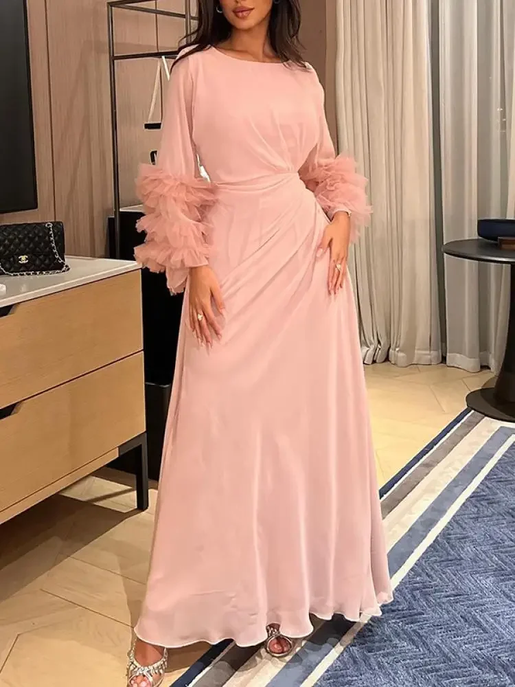 Women Fashion Solid Color Elegant Bridesmaid Dress Spring Flared Sleeve Pleated Party Evening Maxi Dresses maxi dress women evening dress