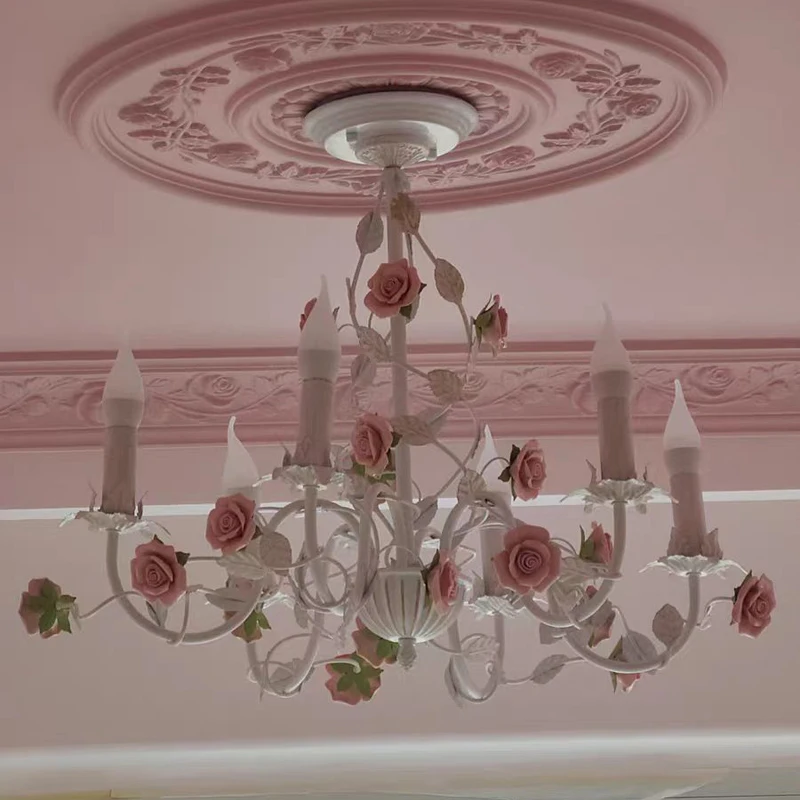 Rural Bedroom Chandelier French Living Room Children's Room Iron Flowers Plants Warm American Retro Fresh Ceramic Pendant Lamps 5