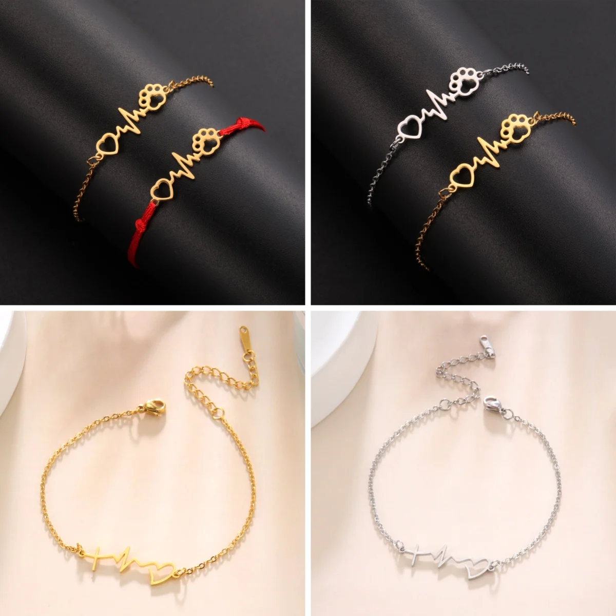 Kkjoy Nette Edelstahl Gold Farbe Herzschlag Katze Hund Pfote Fußkettchen Für Frauen Glück Rotes Seil Elektrokardiographie Schmuck Geschenke – Detail 3