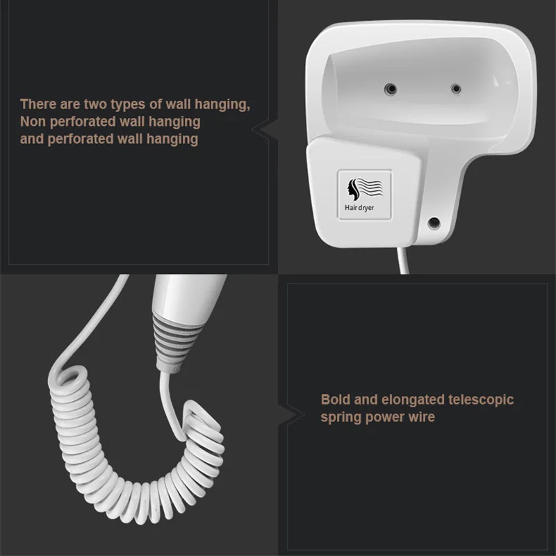 High Power Wall Mounted Hotel Hair Dryer No Punch Negative Ion Fast Drying Home Bathroom Hot Cool Air Lightweight Hair Blower 4