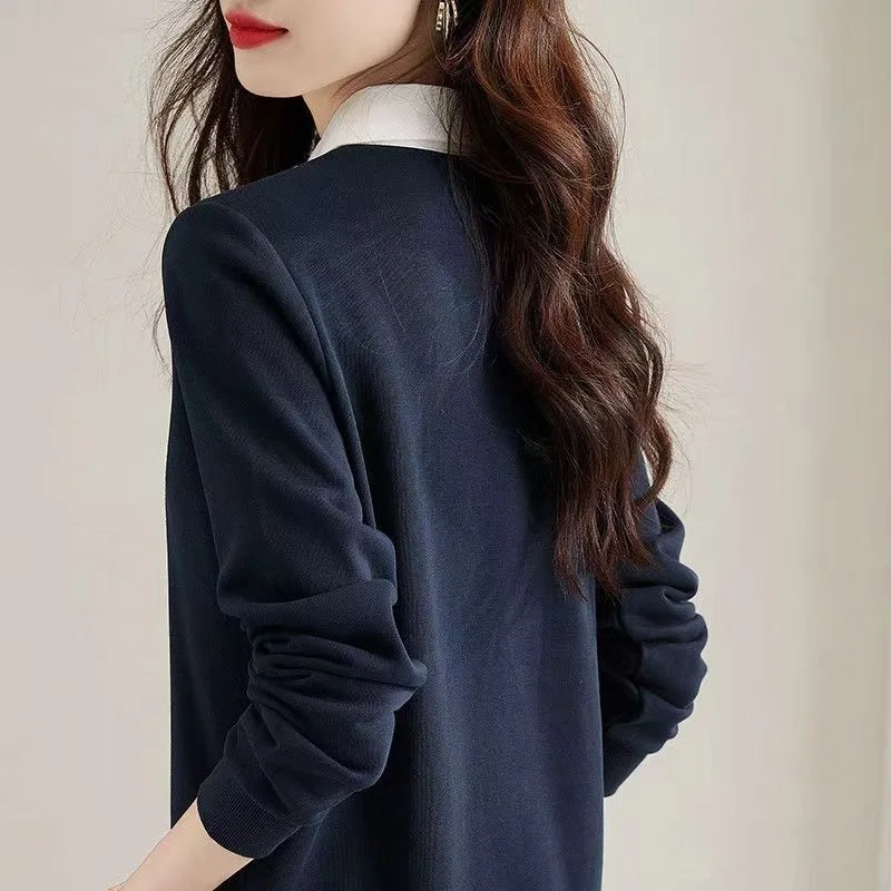 2022 Autumn Fashion Two Fake Pieces Patchwork Shirt Women Interior Lapping New Long Sleeve Polo Collar Office Button Lady Top
