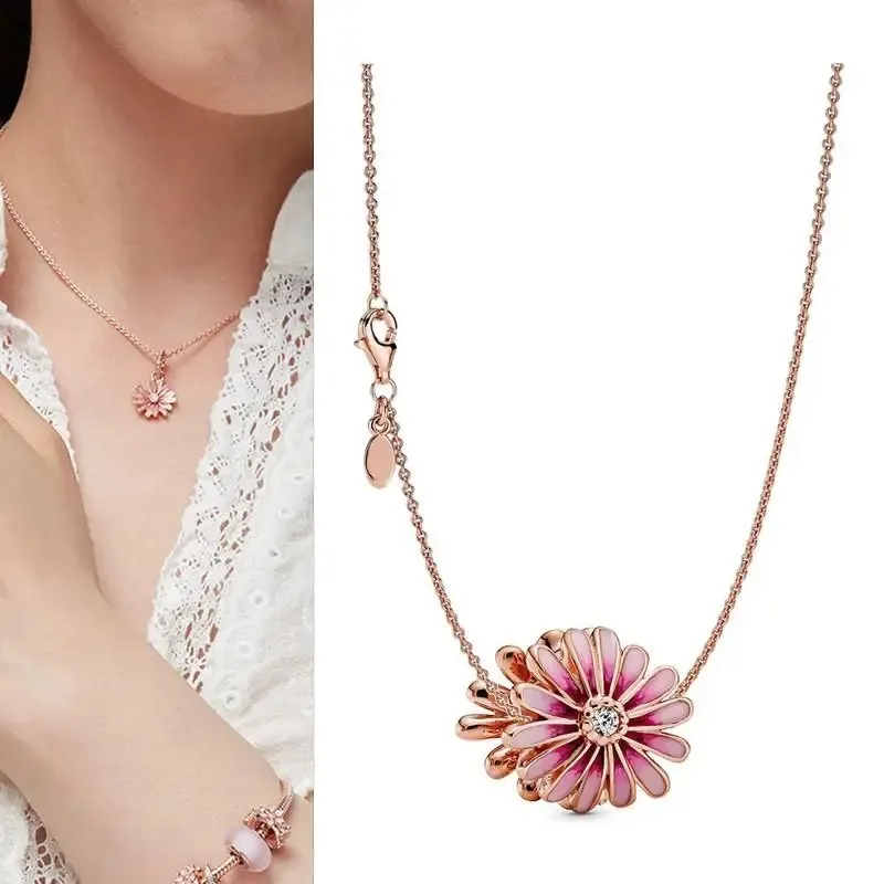 New Women's Boutique Jewelry 925 Silver Original Logo Ocean Heart Cat Eye Beads Exquisite Daisy Necklace Set DIY Jewelry Gift
