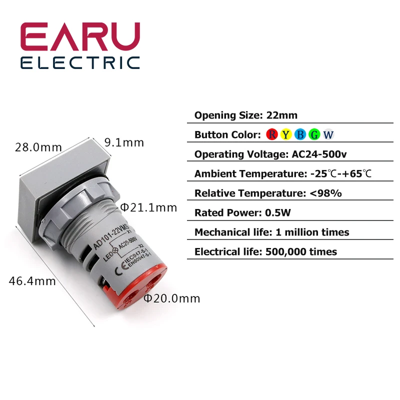 1pc Mini 22MM AC 60-500V Voltmeter Square Panel LED Digital Voltage Meter Indicator Light Tester Red Blue Yellow Green White
