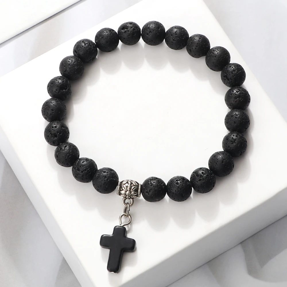 Pulseras Con Cuentas Para Hombre, Cuentas De Piedra Volcánica De Roca De Lava Mate Para Mujer Pulsera Elastica Joyeria De Moda Agata