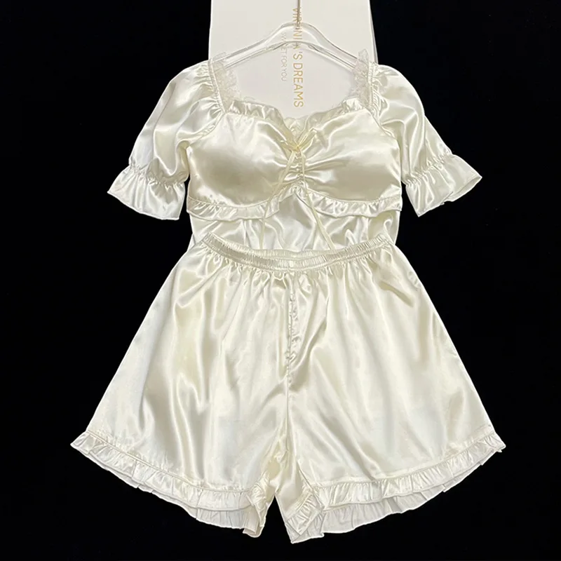 Ling Sleepwear For Women Simple Princess Style Summer Suspender Pajamas With Bra Pad Two-piece Set Thin Ruffled Home Clothes