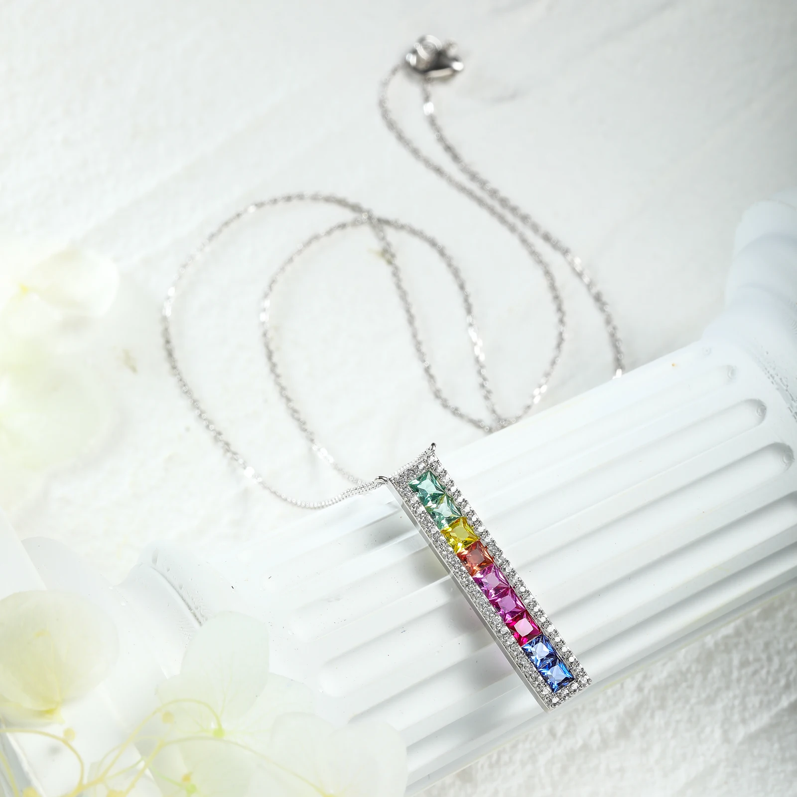 GZ ZONGFA 925 Sterling Silver Necklaces for Women 2.0ct Created Gemstone Vertical Colorful Bar Pendant Necklace Fine Jewelry