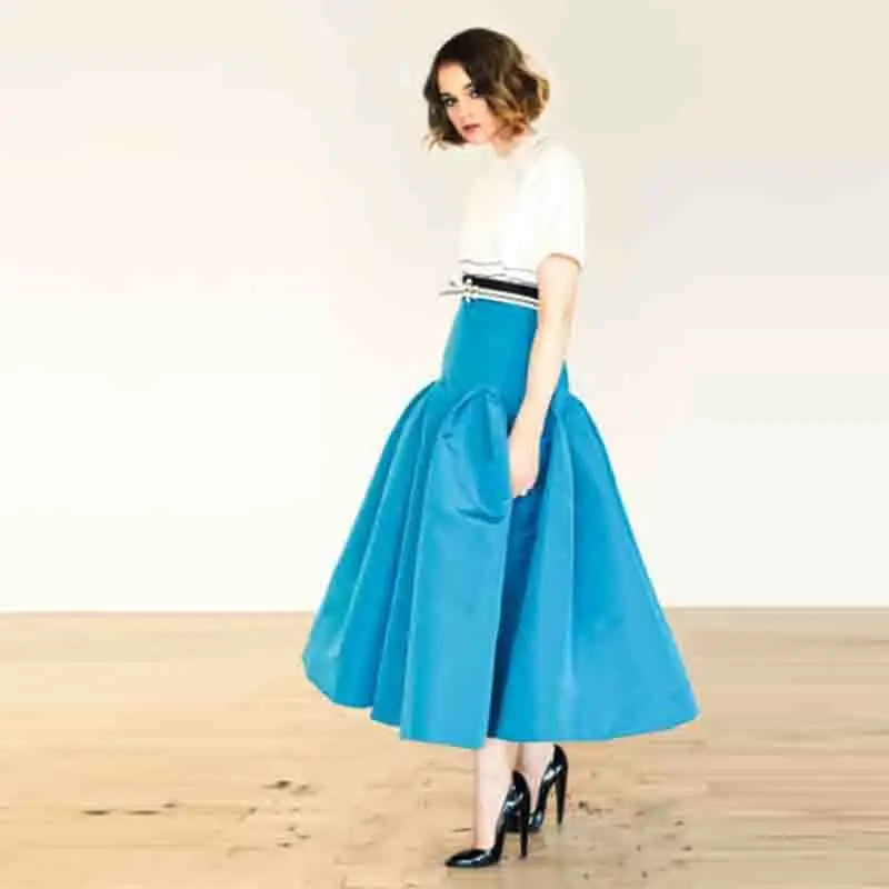 

Blue Satin A Line Skirt Office Lady Saias Girls Wedding Guest Party Gowns Mid-Calf Women Formal Wear Long Skirts