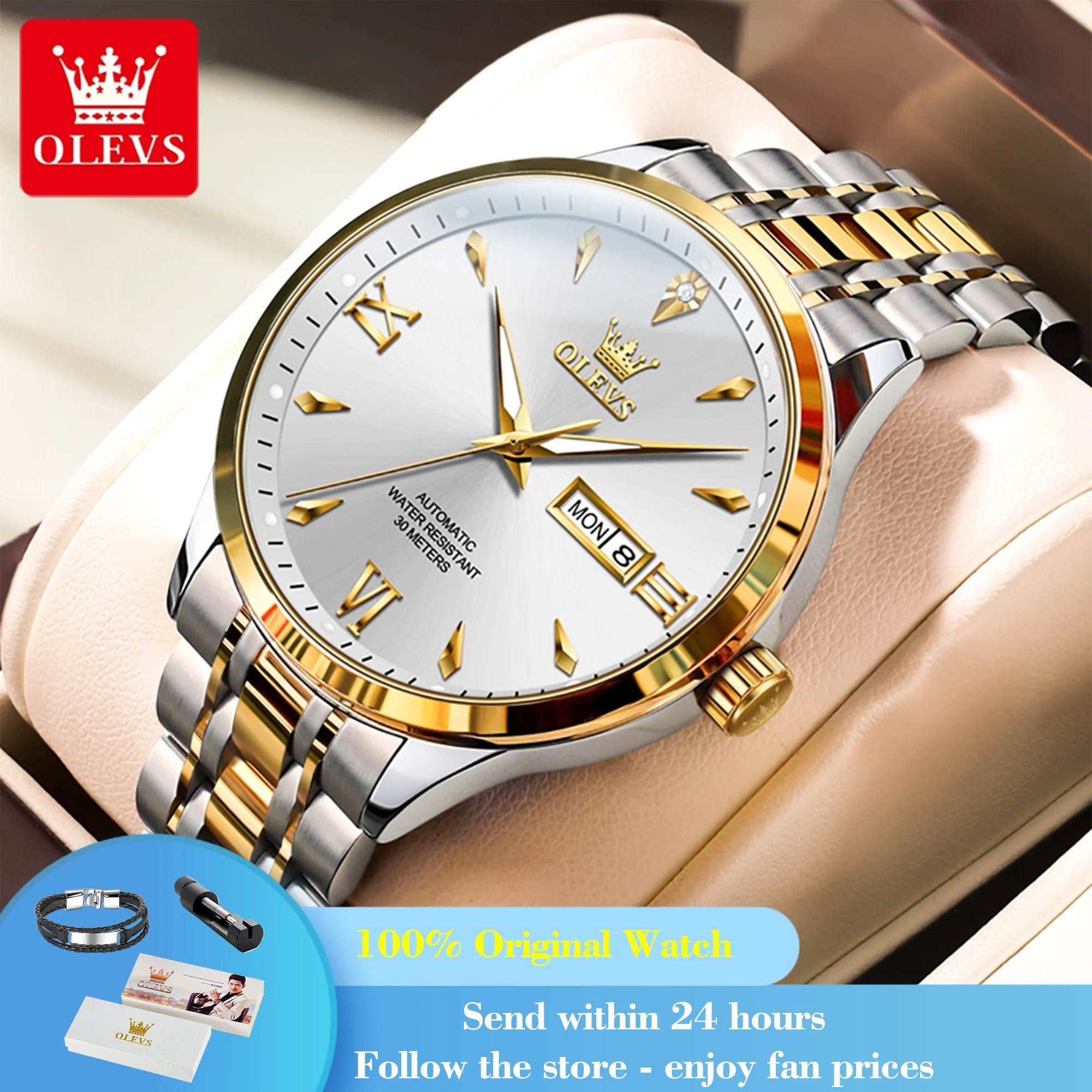 OLEVS 9956 Automatic Watch Man Top Brand Business Dual Calendar Mechanical Watch For Men Original Stainless Steel Wristwatch