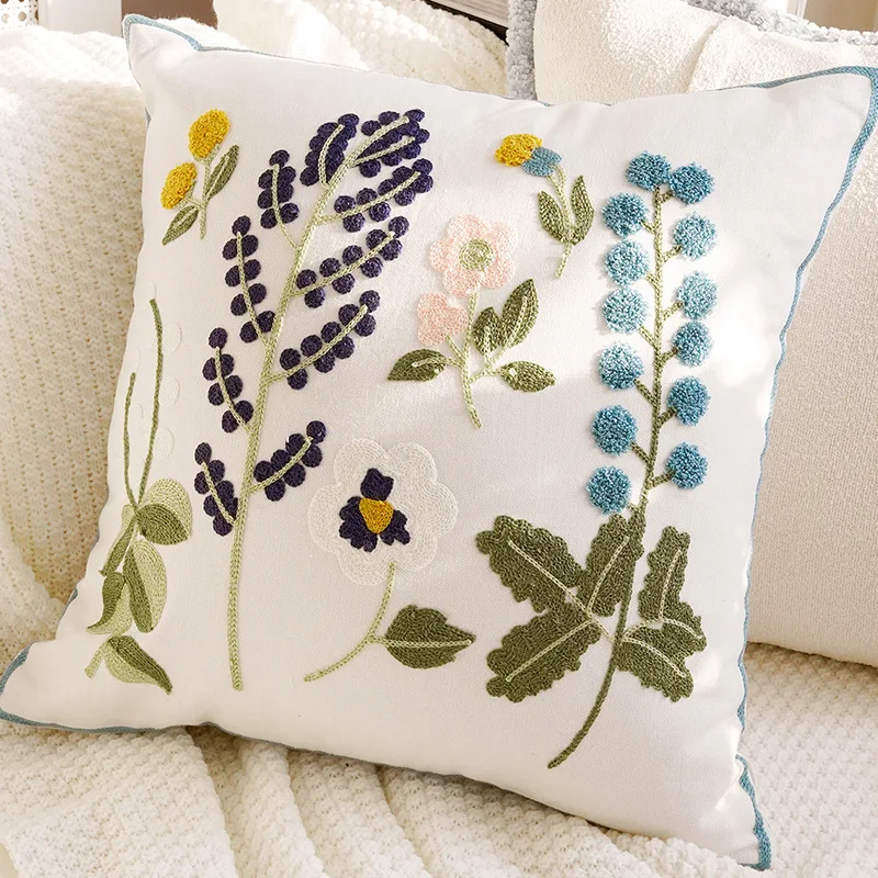 Bestickte Blumen-Kissenbezüge, bunte Blumen, Plüschfell, Baumwolle, dekorative Kissenhüllen für Sofa, Schlafzimmer, Heimdekoration – Detail 2