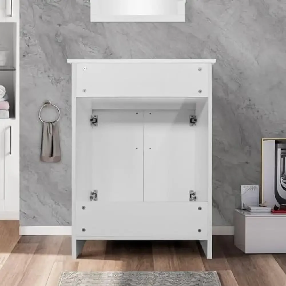 24" White Bathroom Vanity Cabinet Ceramic Sink Combo Double Door Storage Matte Black Faucet Freestanding Modern Style Oversize 4