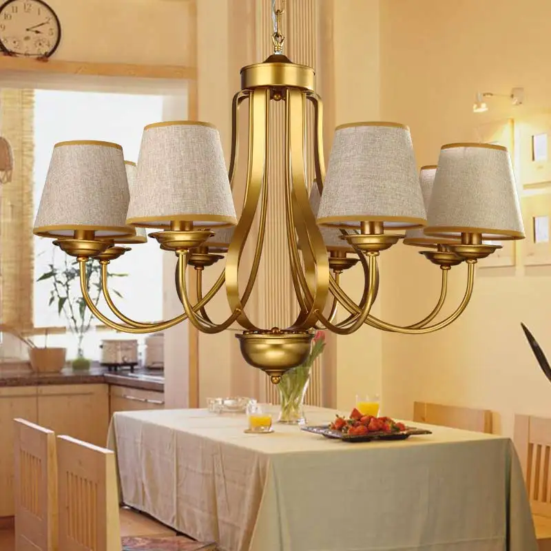 

Modern Design Chandelier Gold Iron Lamp Living Room Bedroom Dining Light Flaxen Fabric Lampshade Lighting Fixture E14 110-240V