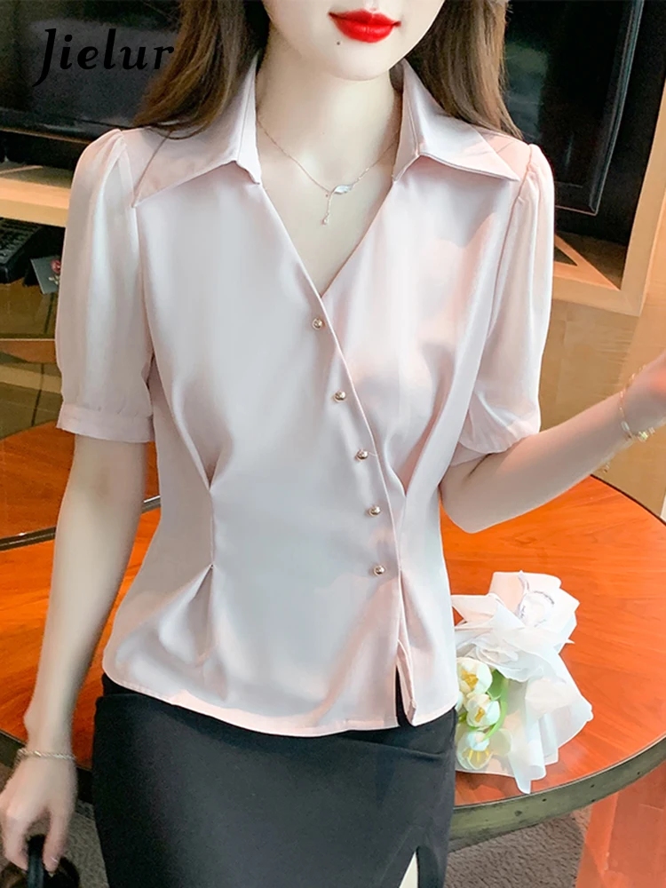 

Jielur New Women's Pink V-Neck Shirt Summer Korean Versatile Short Sleeve Female Top Fashion Sweet Half Open Neck Button Blouses