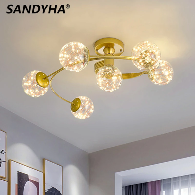 

SANDYHA Chandeliers Modern Glass Ball Ceiling Light Ring Clear Little Stars Bubble Led Lamp for Living Dining Room Lustre Salon