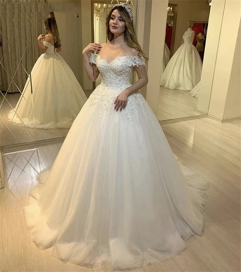 

ANGELSBRIDEP Sweetheart Ball Gown Wedding Dresses Robe De Mariage Charming Off-Shouder Applique Court Train Formal Bridal Gowns