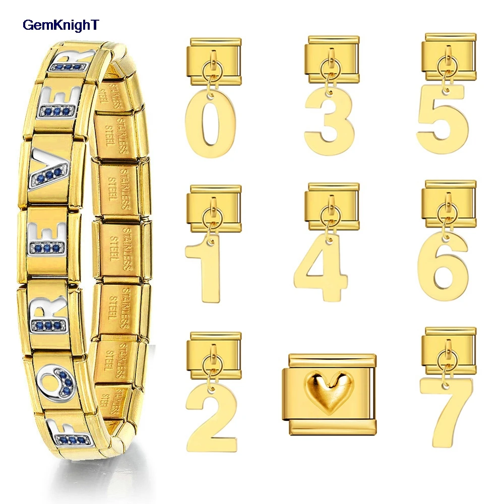 Klassischer goldfarbener Anhänger-Armreif, Zahlen 0–9, italienischer Link, passend für 9 mm Edelstahl-Armbänder, DIY-Schmuck, Perlenketten-Zubehör