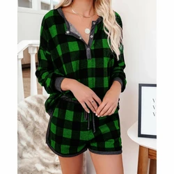 2023 Women Two Piece Sets Plaid Homewear Single Breasted V Neck T Shirts Drawstring Shorts Loose Casual Sets Oversized New Green