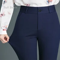 Spring Autumn Casual Button Elastic Mid Waist Black&Navy Blue Straight Trousers Office Lady Quick Drying Suit Pants Female 1