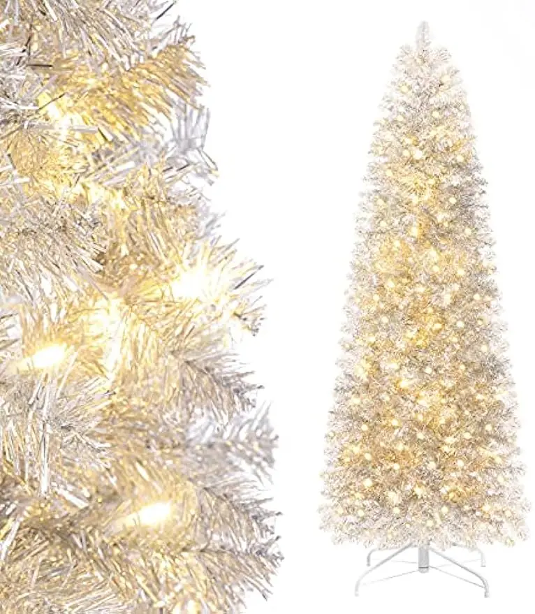 

Decoway Pre-lit Pencil Christmas Tree 6ft Artificial Silver Tinsel Xmas Tree with Metal Stand