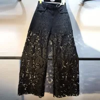 New Summer Denim Patchwork Hook Flower Hollow Lace Straight Leg Wide Leg Pants Casual High Waist Heavy Embroidery Rhinestone - Image 6