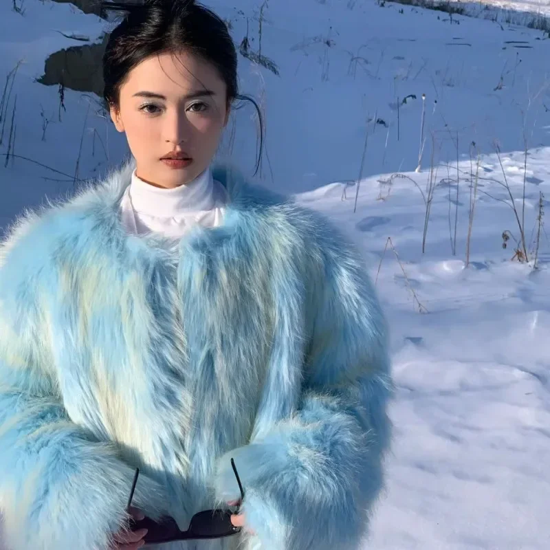 Fashion Korean Style Round Neck Long Sleeve Women's Faux Fur Coat Winter Thickened Commuter High-End Fox Fur Stitching Fur Coat