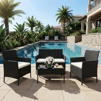 4-Piece Pe Rattan Patio Set, 3 Armchairs With Glass Top Table & Cushions, Outdoor Wicker Furniture For Garden & Balcony