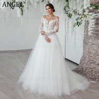 ANGEL Civil Long Sleeves Lace Wedding Dress A-Line O-Neck Illusion Back Bride Gowns Custom Made Suknia ślubna z długim rękawem 1