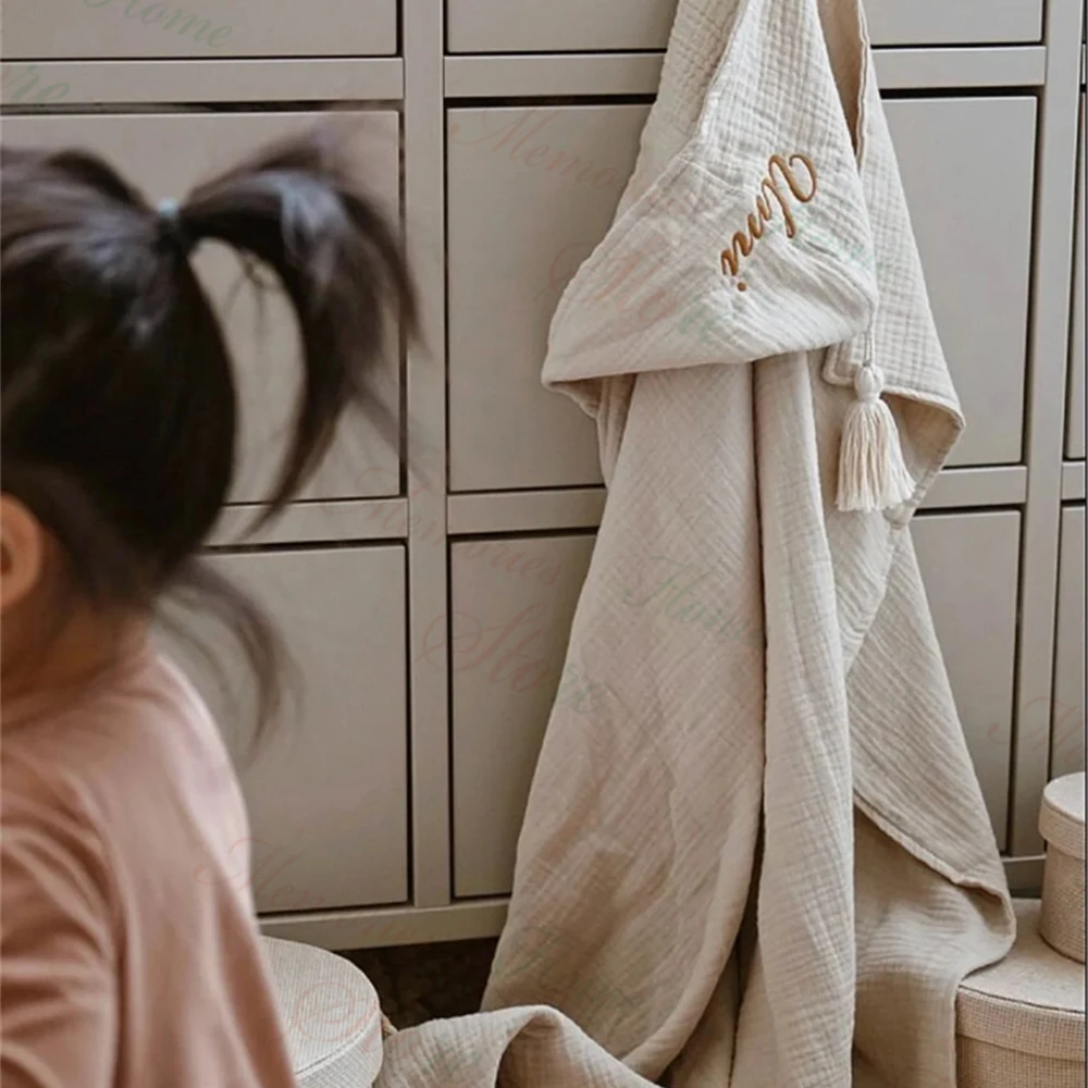 자수 이름 의 모슬린 코튼 후드 케이프 술 목욕 타올 맞춤 이름 어린이 목욕 가운 부드러운 포옹 담요