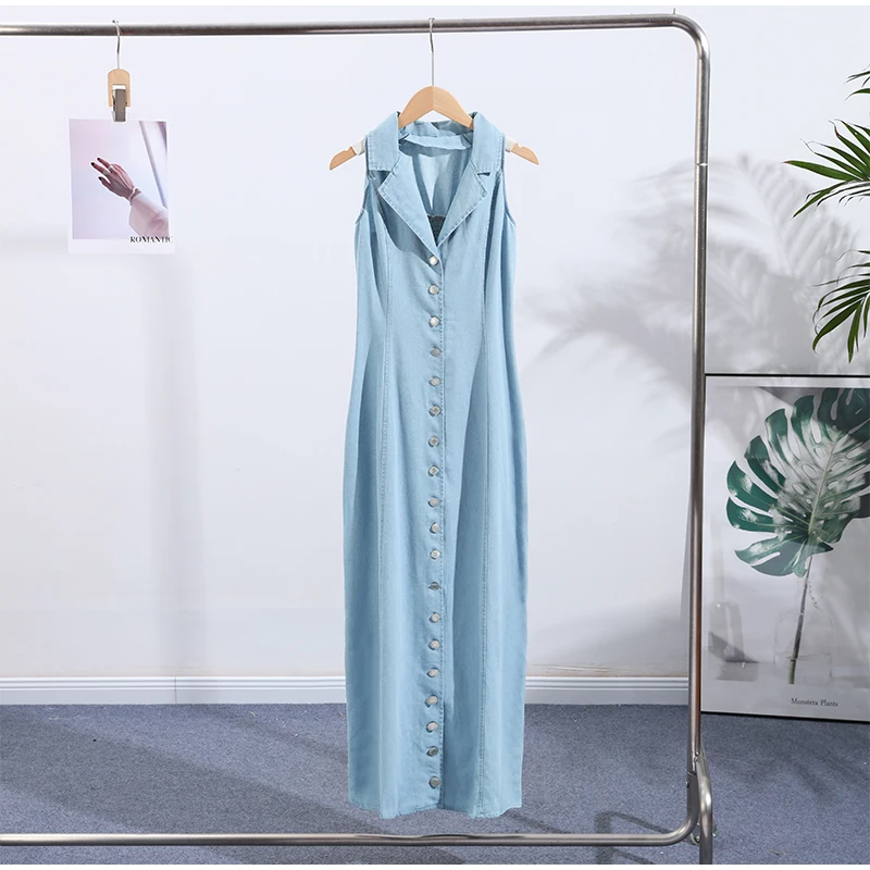 Sommer Neue frauen Ärmellose Denim Revers Maxi Kleider Mit Lange-Taste Trendy Waschen Blau Slim Fit Kleid Weibliche Elegante kleidung – Detail 9