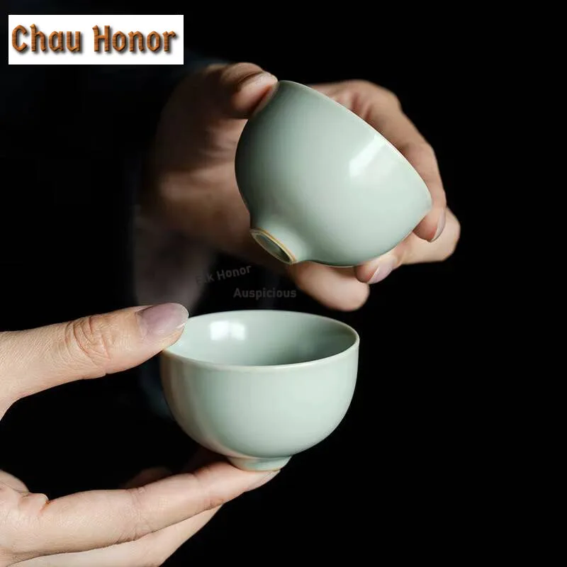 60ml Azure Ru Kiln Porcelain Teacup Handmade Tea Bowl Cup Saucer Kit Tea-tasting Meditation Cup Jianzhan Master Cups Teaset