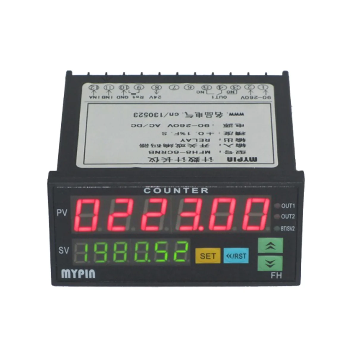 Mypin FH8-6CRRB Dual Display Digital Counter 6 Digits Light-Emitting Diode AC/DC Length Meter Black digital counter
