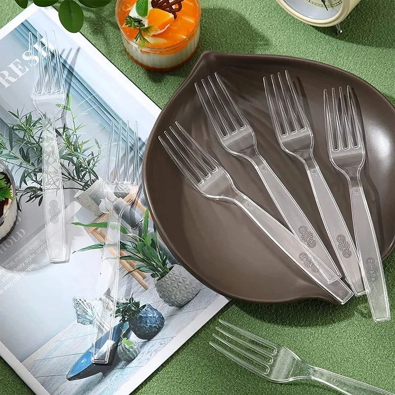 Large Clear Transparent Cutlery Disposable Forks For Party BBQ Sticks Home Food Cake Fruit Fork Disposable Tableware 25/50Pcs