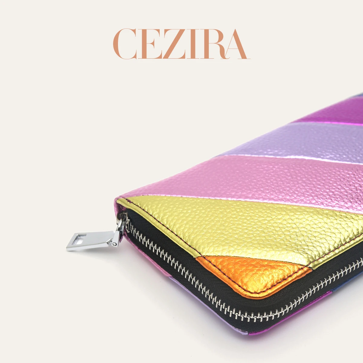 Women's Metallic Vegan Leather Long Wallet - Luxury Striped Patchwork Clutch Purse with Large Capacity
