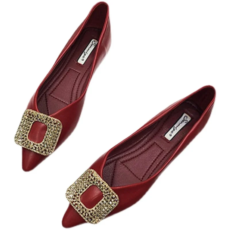 

square crystal buckle ballet flats 2022 spring women single shoes pointed toe rhinestone OL shoes woman slip on loafer size45