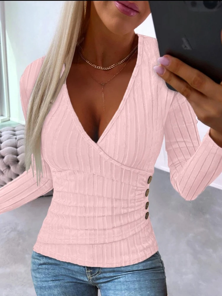 Autumn Women Knitted Pullover V Neck Long Sleeve Top