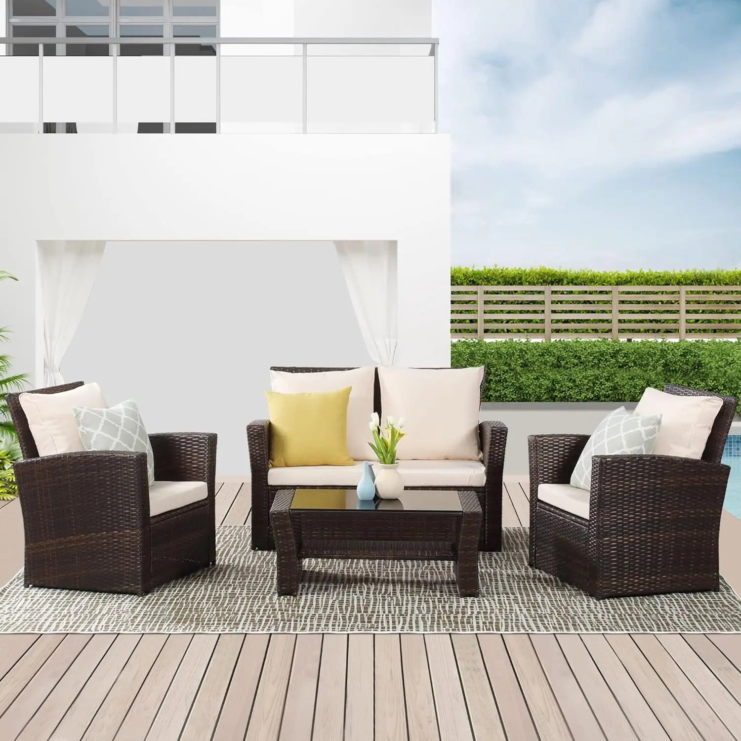 

Wisteria Lane 4 Piece Outdoor Patio Furniture Sets, Wicker Conversation Set for Porch Deck, Brown Rattan Sofa Chair with Cushion